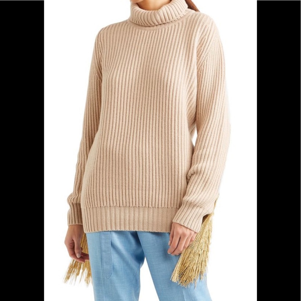 Hillier Bartley Cashmere Fringe Oversized Turtleneck Sweater Cream Gold S / M - Picture 15 of 16